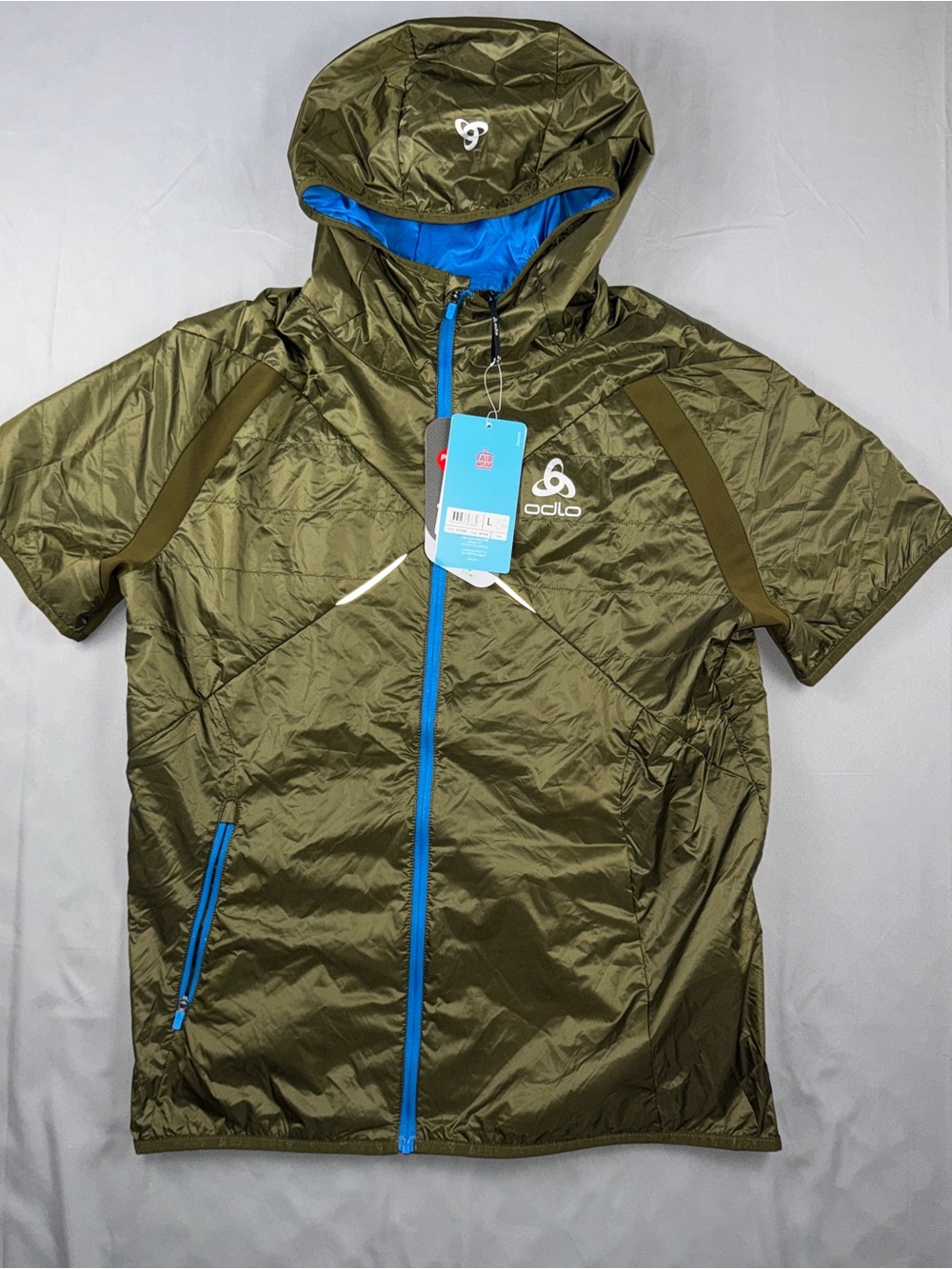 Odlo Jacket Mens Large Green Hooded Short Sleeve Full Zip Windbreaker Running